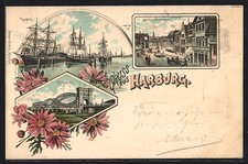 Lithographie Hamburg-Harburg, Blick in die Schloß-Straße, Hafen und Elbbrücke 