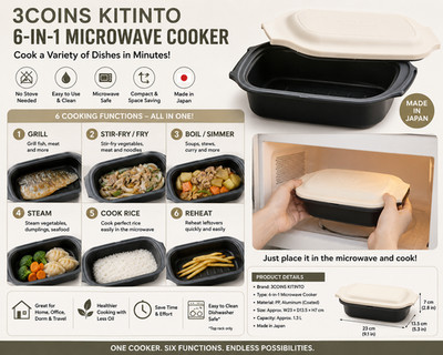 3COINS KITINTO 6-in-1 Microwave Cooker Grill Steam Boil Fry Rice NEW Japan
