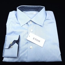 ETON Luxury Dress Shirt -16 37- Blue Twill CONTEMPORARY -Navy Diamond Flip Trim