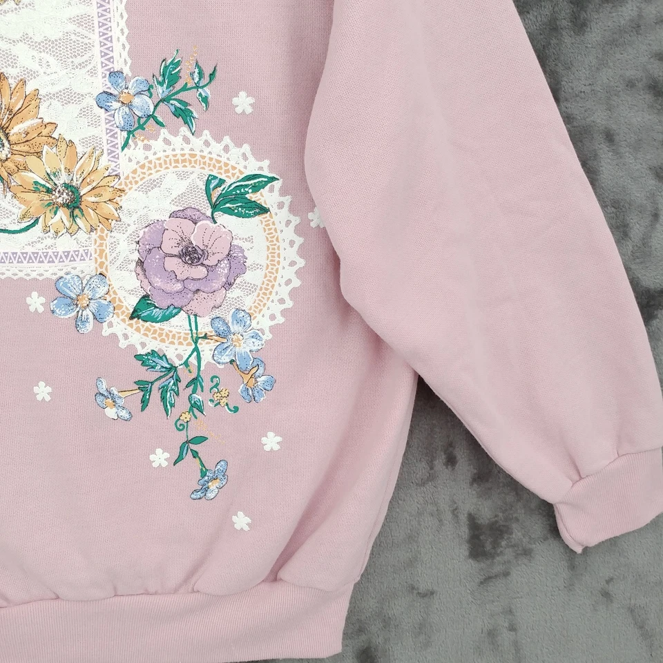 Land 'N Sea Sweatshirt Granny Collared Floral Pink Acrylic USA Made Small Vtg - Image 3 of 4