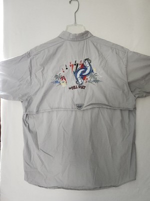 Columbia PFG Bonehead Shirt Men's Medium Gray Fishing Full Boat Back Embroidered