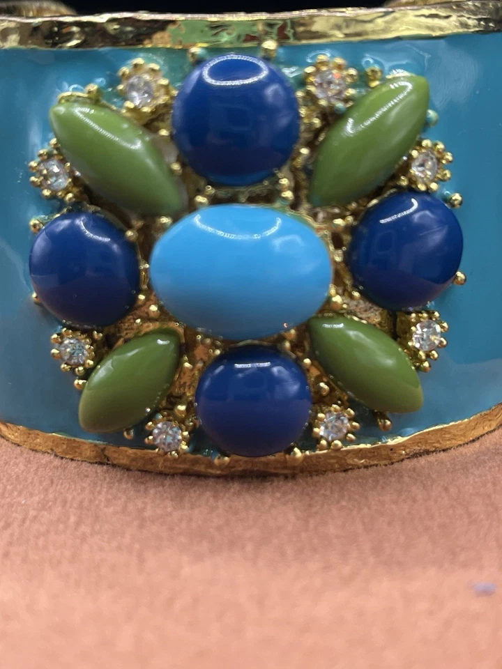 Banana Republic Turquoise Enamel & Gold Tone Cuff Bracelet W/ Cabochons 7” - Image 2 of 4