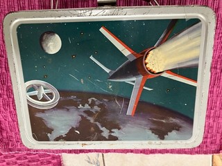Vintage 1958 Thermos Brand Space Age Astronauts Satellite Lunch Box W/O Thermos