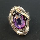 Amethyst Tested Silver Ring Sculptural Two Tone Rolled Gold Accent Modernist 925