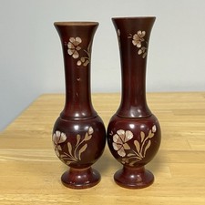 Vintage Hand Carved Wooden Pedestal Vase With Flower/Leaf Design Set of 2 Read