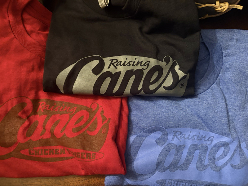 Gildan DryBlend raising canes Men's Short Sleeve T-Shirt M Black Red Blue