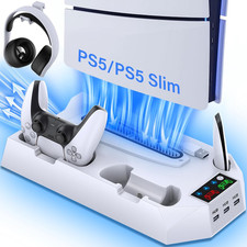 PS5 Slim Stand and Cooling Station with Controller Charging Station for Playsati