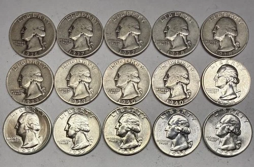 Lot of 15 Washington 90% Silver Quarters 1936-1958, Key dates & UNC Coins