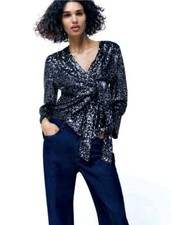 Zara Sequin Tie Top Size S  Black Silver Blue