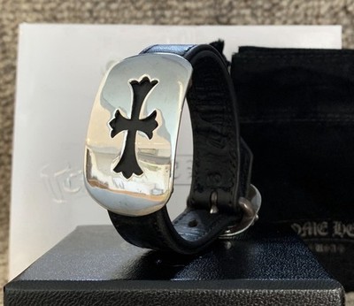 Chrome Hearts Silver Cross Gunslinger Leather Bracelet