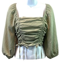 Womens Crop Top Smocked Back Ruched Bodice Bows Puff Sleeve Coquette Boho M