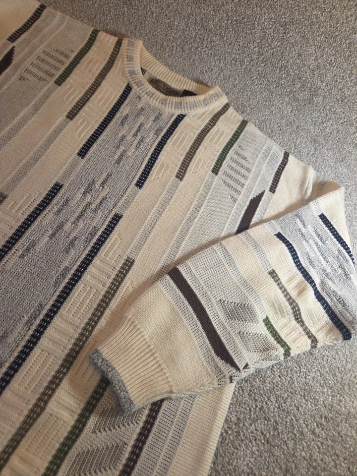 Mens Vintage Le Tigre Sweater Large Crew Neck 90s Ivory Black Green Striped - Image 2 of 4