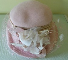Mr. John Classic Blush Pink Wool Hat and Veil Floral Off White Bow Vintage USA