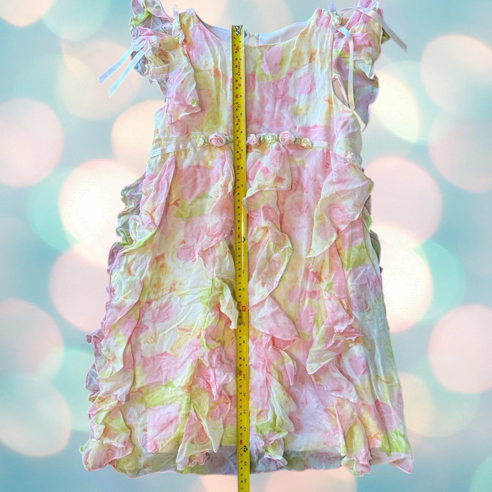 Biscotti Girl’s Pink Green Floral Ruffle Silk Spring Formal Dress Size 6X - Image 4 of 4