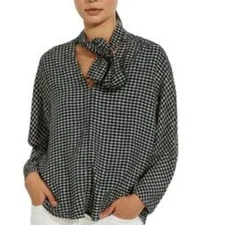 MAXSTUDIO Plaid Tie Neck Blouse Women's Long Balloon Sleeve Black White M