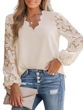 Elegante Bluse Aus Spitze für Damen, Lange Ärmel, Ösen, V-Ausschnitt, Elega5712