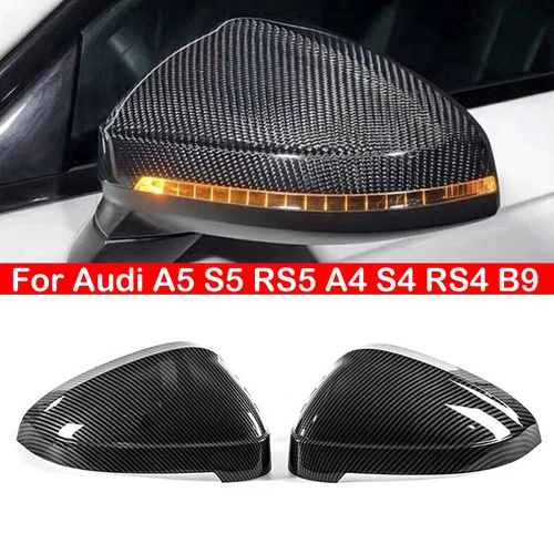 Carbon Black Side Mirror Cover Caps For Audi B9 A4 S4 A5 S5 w/ Side Lane Assist-
