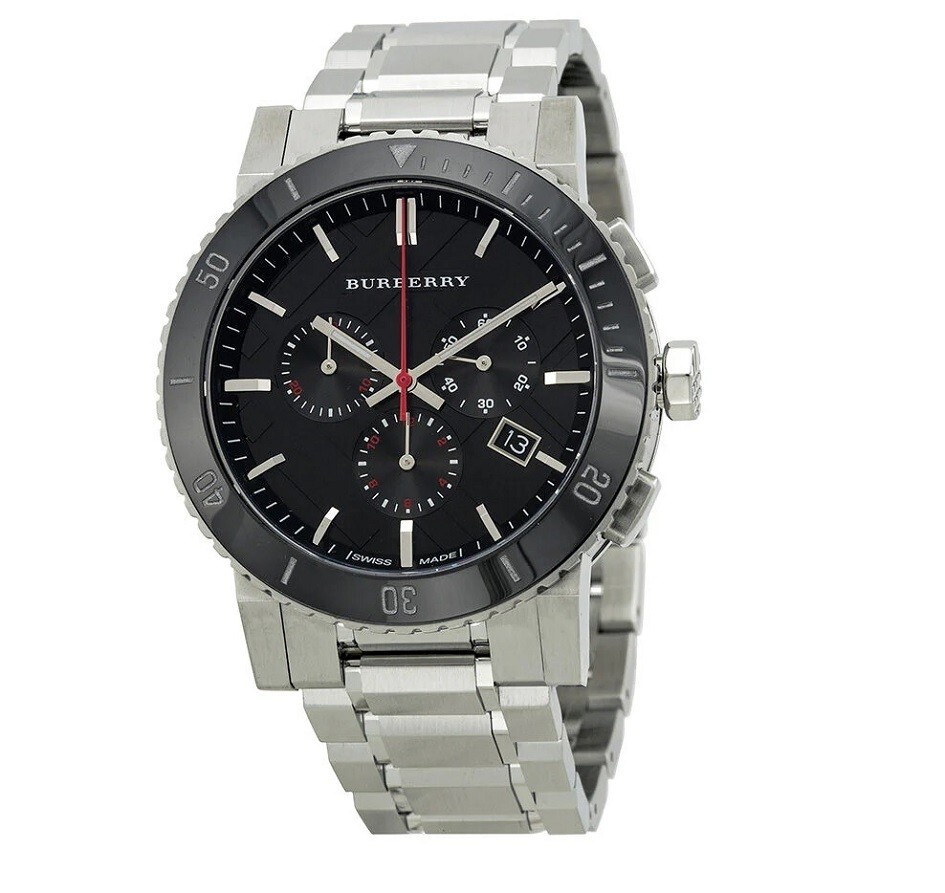 NEW BURBERRY MENS WATCH STAINLESS STEEL SILVER STRAP & BLACK DIAL BU9380 GENUINE