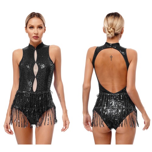 AU Womens Tuxedo Jazz Latin Dance Costume Sequins Tassels Leotard Jumpsuit Dress - Picture 149 of 173