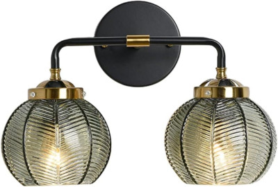 Mid Century Black Vanity Light with Green Ribbed Glass Shade - 2 Lights