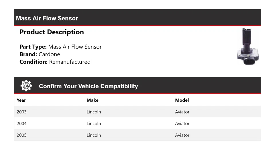 Sensor de flujo de aire masivo Cardone 2004 para Lincoln Aviator 2003-2005 Foto 2 de 4