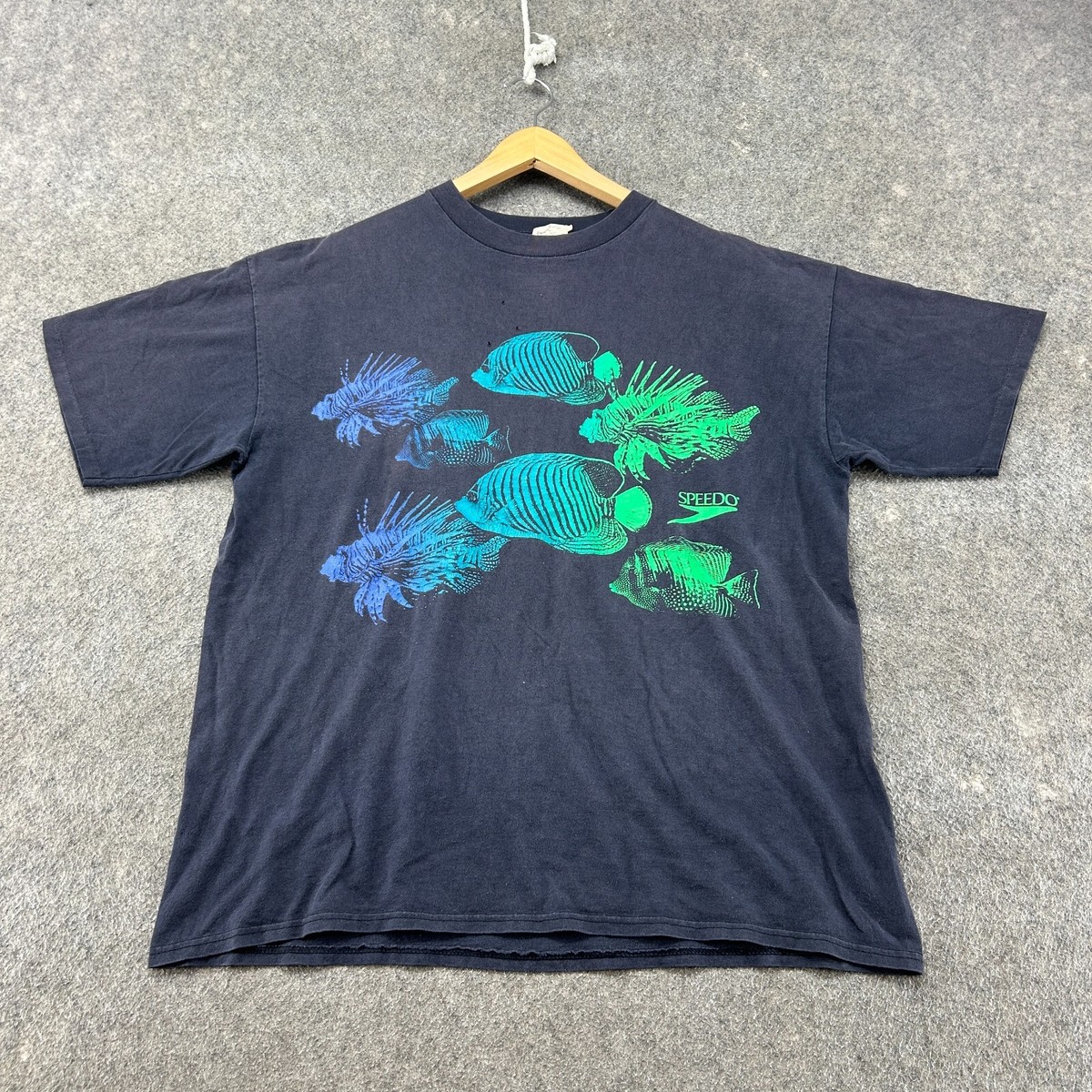 VINTAGE Speedo Shirt Mens XL Blue Fish Nature Marine Life Sun Faded Grunge  90s