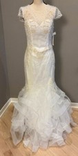Off White Beaded Sequin Pearl Illusion Tulle Ruffle Wedding Gown Size 14 499