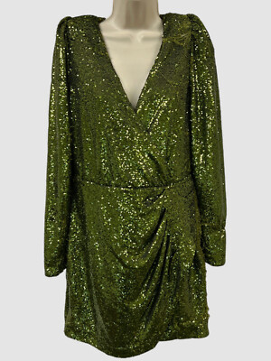 $425 MeimeiJ Women's Green Pleated Sequin Mini Dress Size 42
