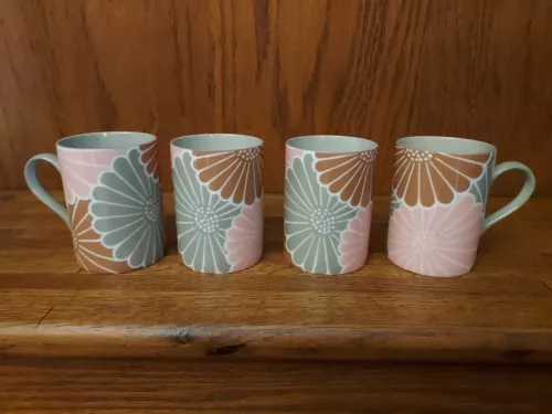 Fitz & Floyd Floral Coffee Mugs Tea Cups Set of 4 Kiku Gray Pink Brown Flowers