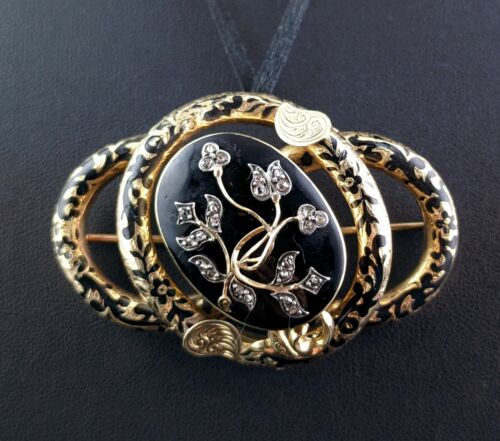 Antique Diamond mourning brooch pendant, Black enamel, 15ct gold - 第 1/12 張圖片