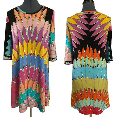 Averardo Bessi Retro Floral Burst Colorful Slinky 3/4 Sleeve Dress Boho Artsy 6