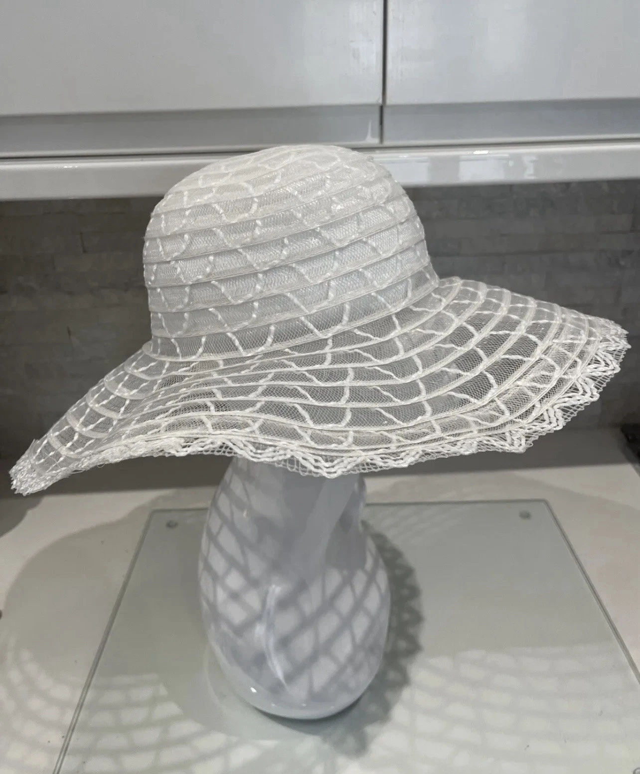 Crinoline Zig Zag White Wide Brim Summer Beach Crotchet Sun HatWedding 1960s