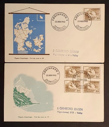 Denmark Stamps 1962 Magasin Danish Journey single & block of 4 first day covers