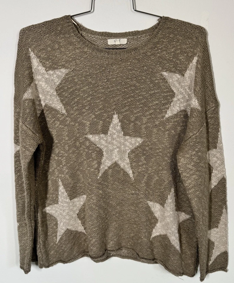 Pulôver cavalete bege bronzeado tamanho grande boxy cropped estrela suéter tamanho P bordas enroladas - Imagem 2 de 4