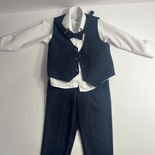Baby Boys Formal 4PCs Suit Set Navy White Vest, Pants, Shirt, Bow Tie Outfit 12M