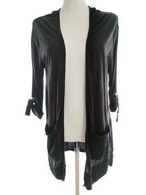 MONSOON Damen Langer Offener Cardigan Gr. S Schwarz Leinen Leichter Strick 3/4