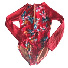 Art Class Girls 1 Pc Coral Swimsuit XS 4/5 Floral Long Sleeve Rash Guard Zipper