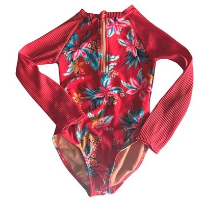 Art Class Girls 1 Pc Coral Swimsuit XS 4/5 Floral Long Sleeve Rash Guard Zipper