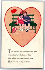 Vintage Valentine Postcard Boy Girl Bench Poem Hearts Love Made in USA