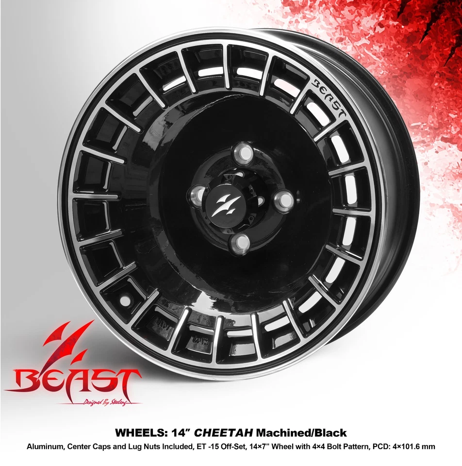 GOLF CART 14" BLACK CHEETAH WHEELS and 205/30-14 DOT LOW PROFILE TIRES x4 Foto 2 de 4