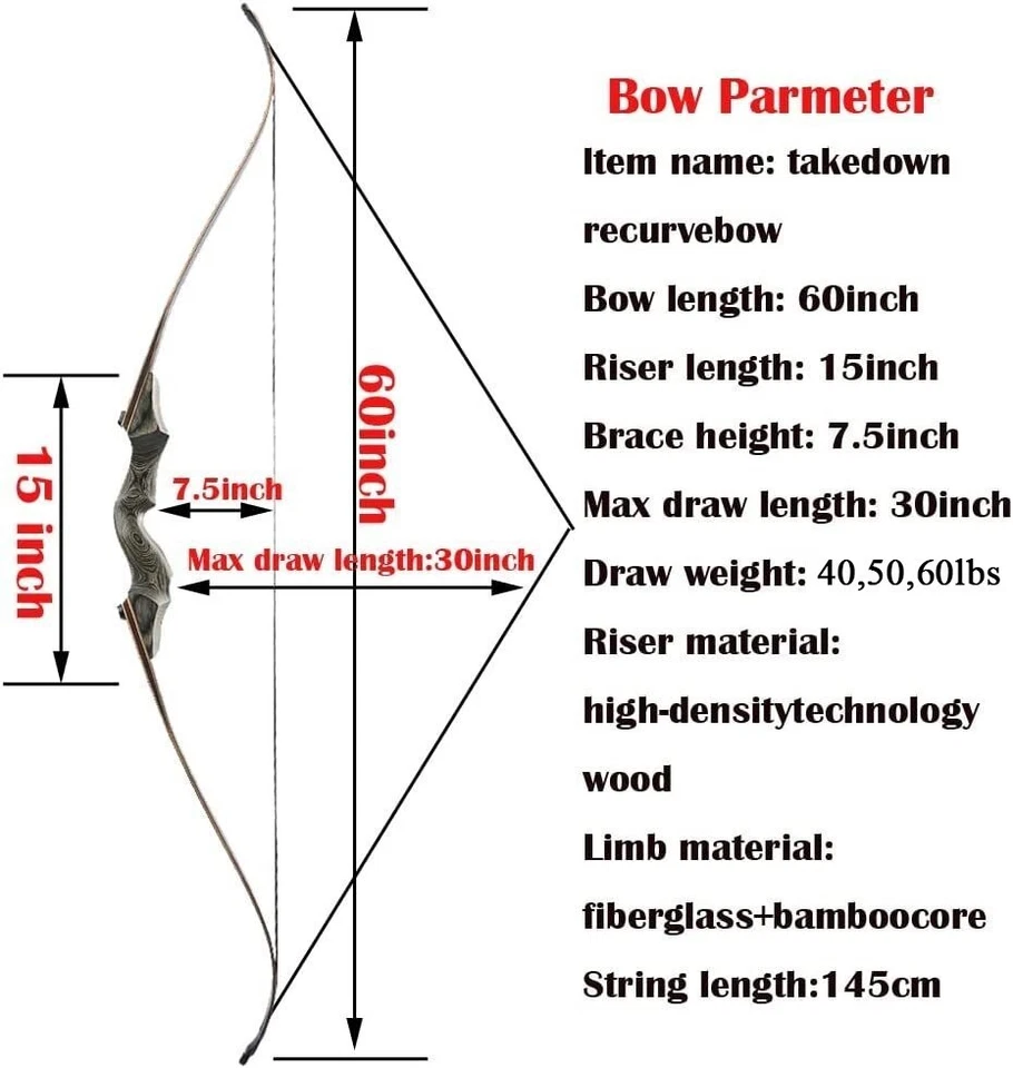 60" Recurve Bow Arrows Set 20-60lbs Bamboo Limbs Shooting Archery Hunting RH LH - Image 4 of 4