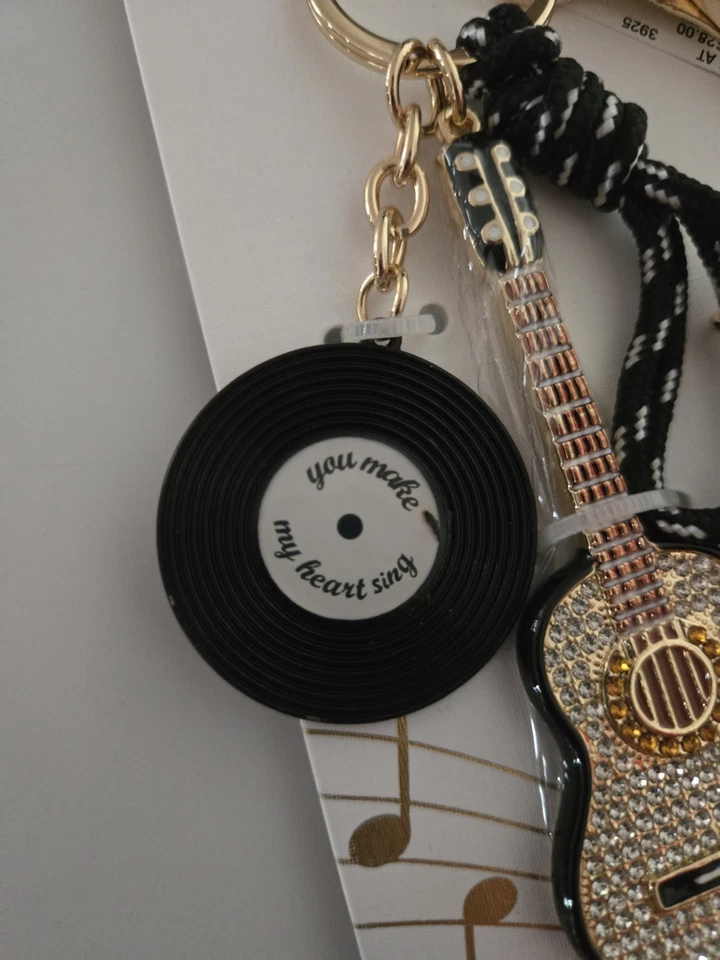 Piper K Bag Charm Keychain Gold Music Notes Guitar Record Rhinestone - Image 3 of 4