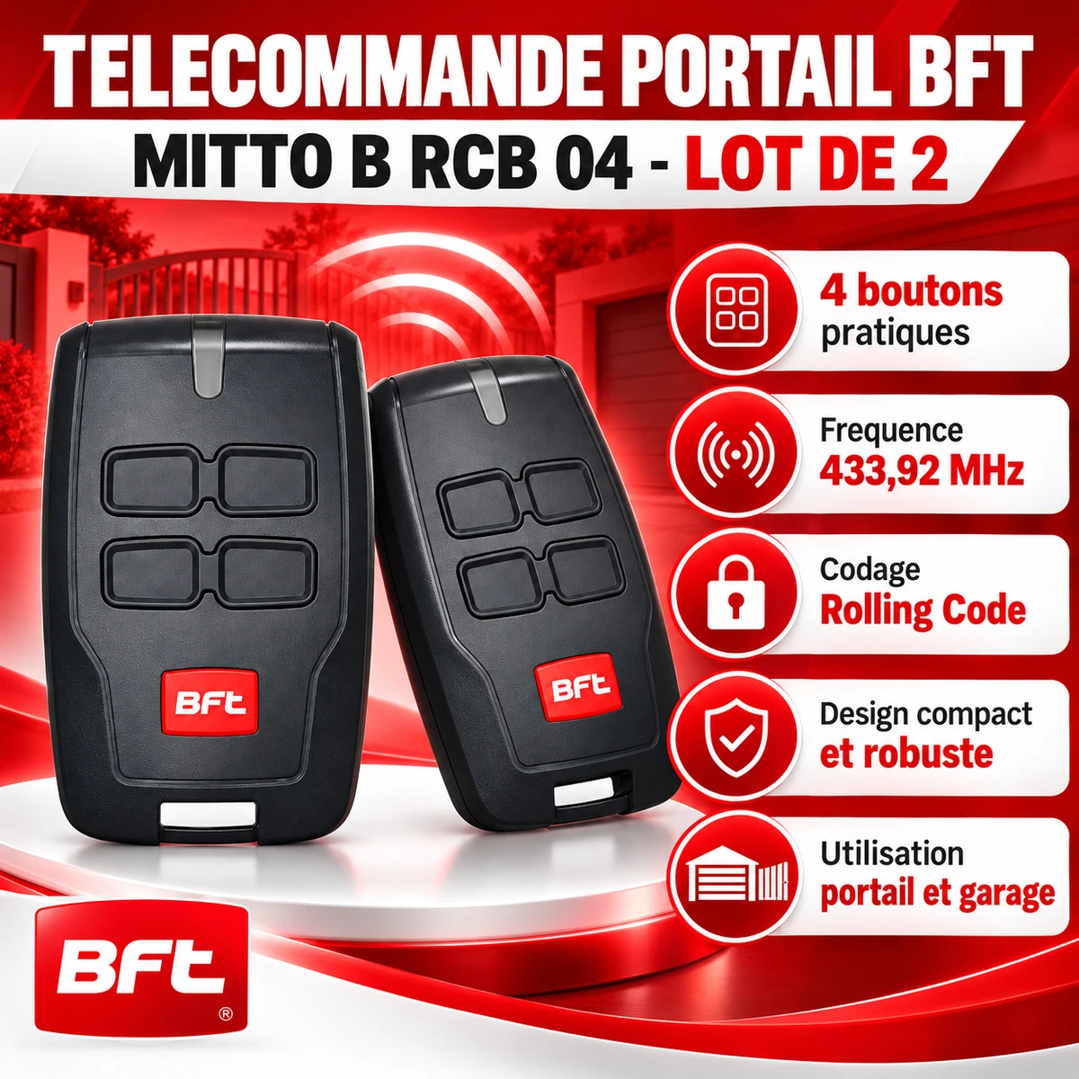 Télécommande 433.92Mhz pour Portail BFT MT B RCB4 4 Canaux Rolling Code 2PCS