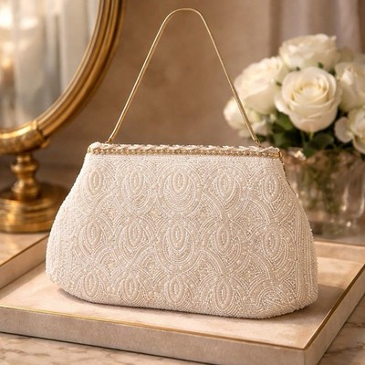 Vintage Walborg 50s/60s White Beaded Evening Clutch Bag W/Chain Strap- Wedding