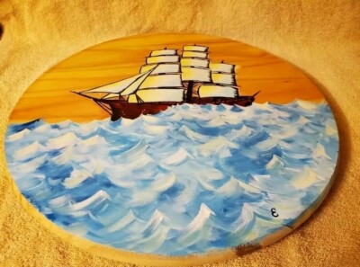 Hand Painted Wooden 18''D x 1'' Round Picture Sailing Ship Lots Of Waves 3D Effect