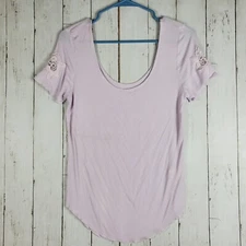 Mudd Top Junior's Flower Accent on Sleeves Sz L Large Pink Rayon Spandex 