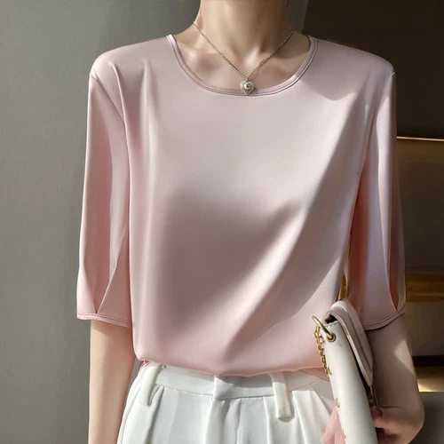 Women's Summer Round Neck Silk T-shirt Half Sleeved Shirt Loose Bottomed Top - Picture 1 of 22