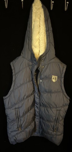 American Eagle Puffy Vest Womens Large Zip Snap Flannel Lined Faux Fur Hood - Picture 5 of 9