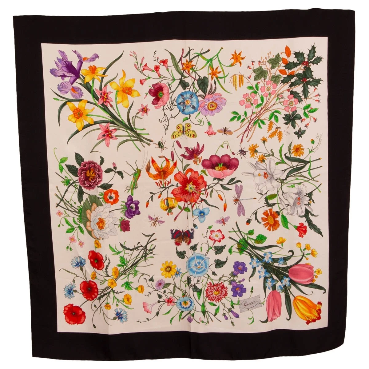 67410 écharpe authentique GUCCI soie noire sergé GOTHIQUE FLORAL