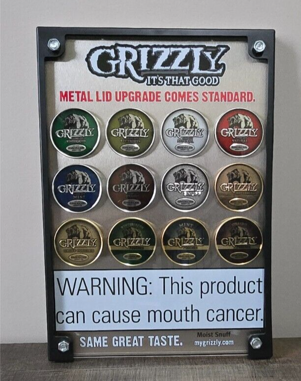 NEW OB GRIZZLY TOBACCO 12 TIN DOUBLE SIDED/FRAMED W/STAND 